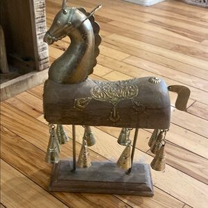 Decorative Brass and Mango Wood Horse with Bells